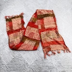 Chico's Scarf Orange Geometric Batik Fringe Rayon Boho Trival Artisan Eclectic